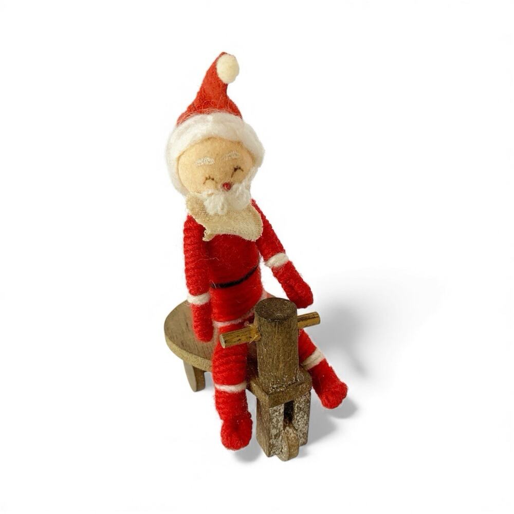 Vintage MCM Yarn Wrapped Santa On Wooden Trike Figure Christmas Figurine Decor
